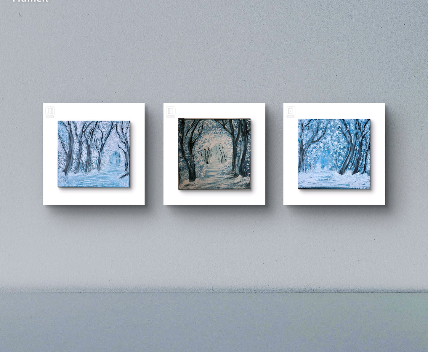 Silent Solstice – Set of 3 Original 8x8 Winter Forest Paintings | Snowy Acrylic Triptych | Magical Woodland Wall Art