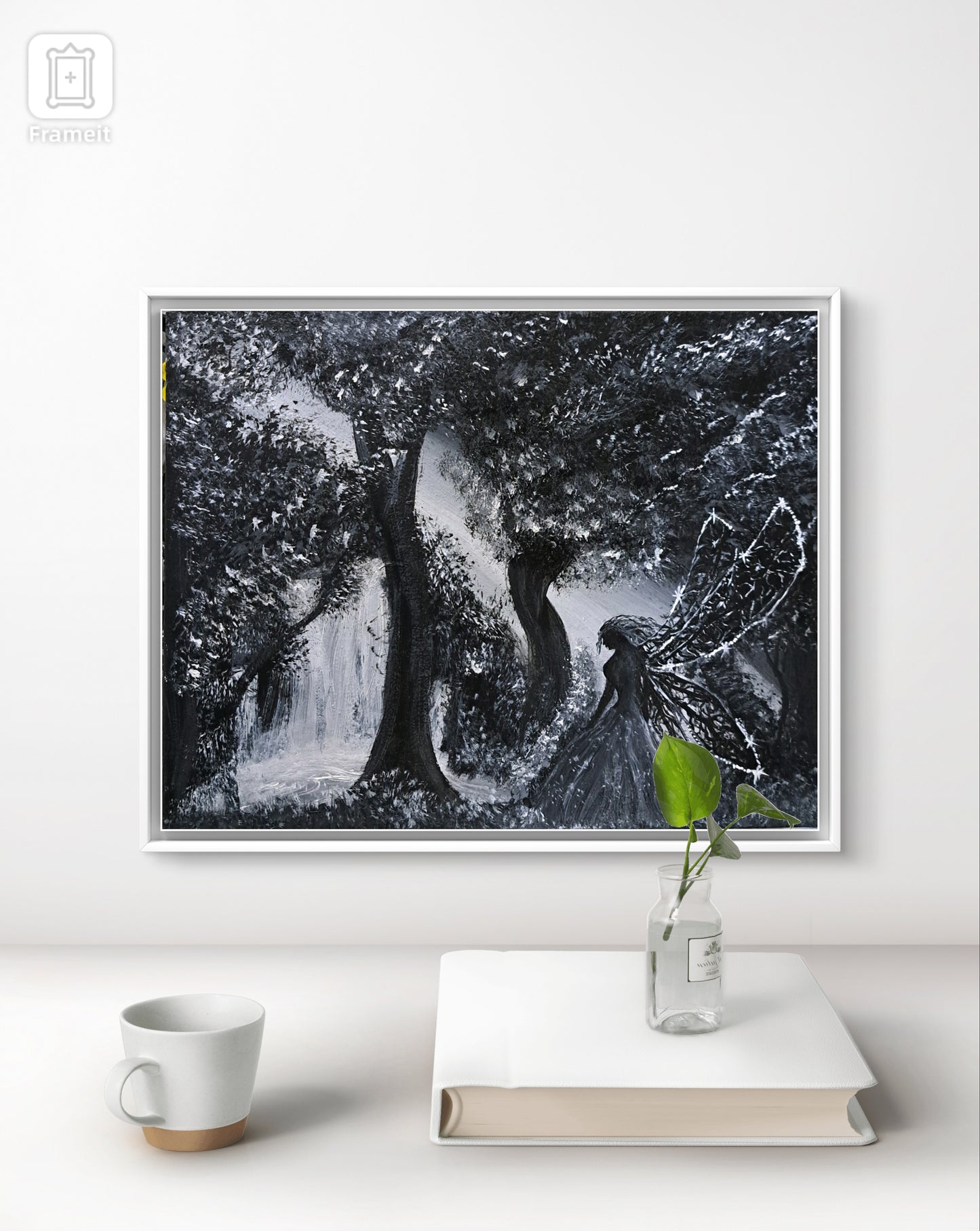 Echoes of the Hollow Wood – 11x14 Original Monochrome Forest Fairy Painting | Mystical Acrylic Woodland Wall Art