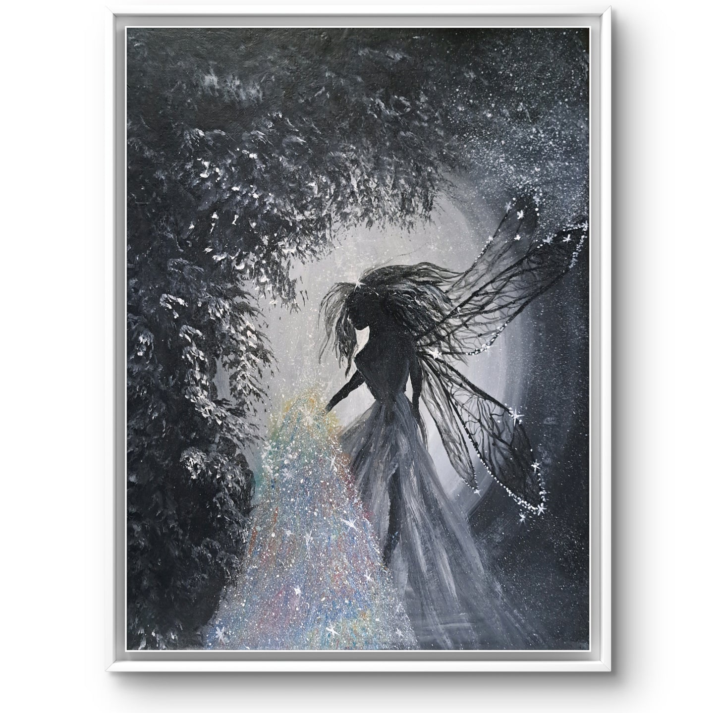 Whispers of Stardust - Original Acrylic Painting on Canvas | Fantasy Fairy Art | Black and White | Glitter Stardust | Ethereal Woodland