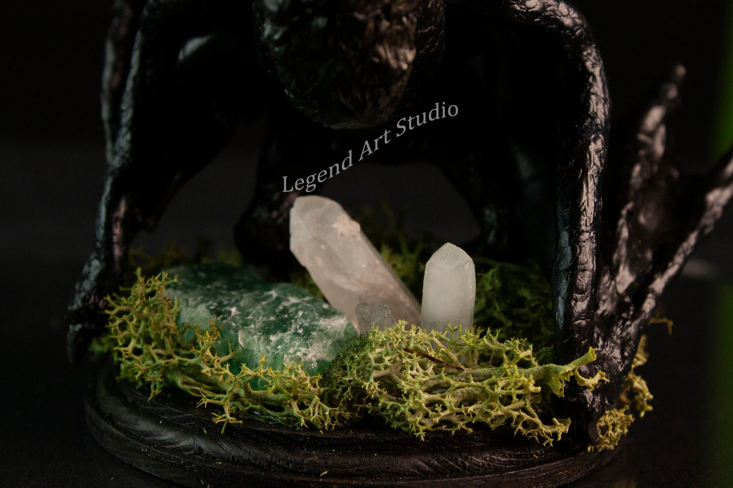 Nyxthorn – Obsidian Hollow Moon Dragon | Handsculpted Fantasy Sculpture with Quartz & Green Calcite