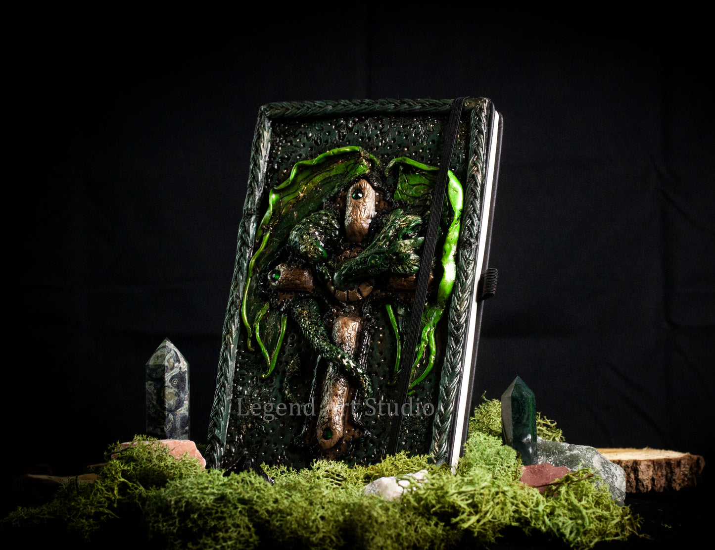 Dragon Wrapped Cross Journal – Handmade Polymer Clay Fantasy Notebook | Dark Gothic Spellbook | OOAK Lore Journal