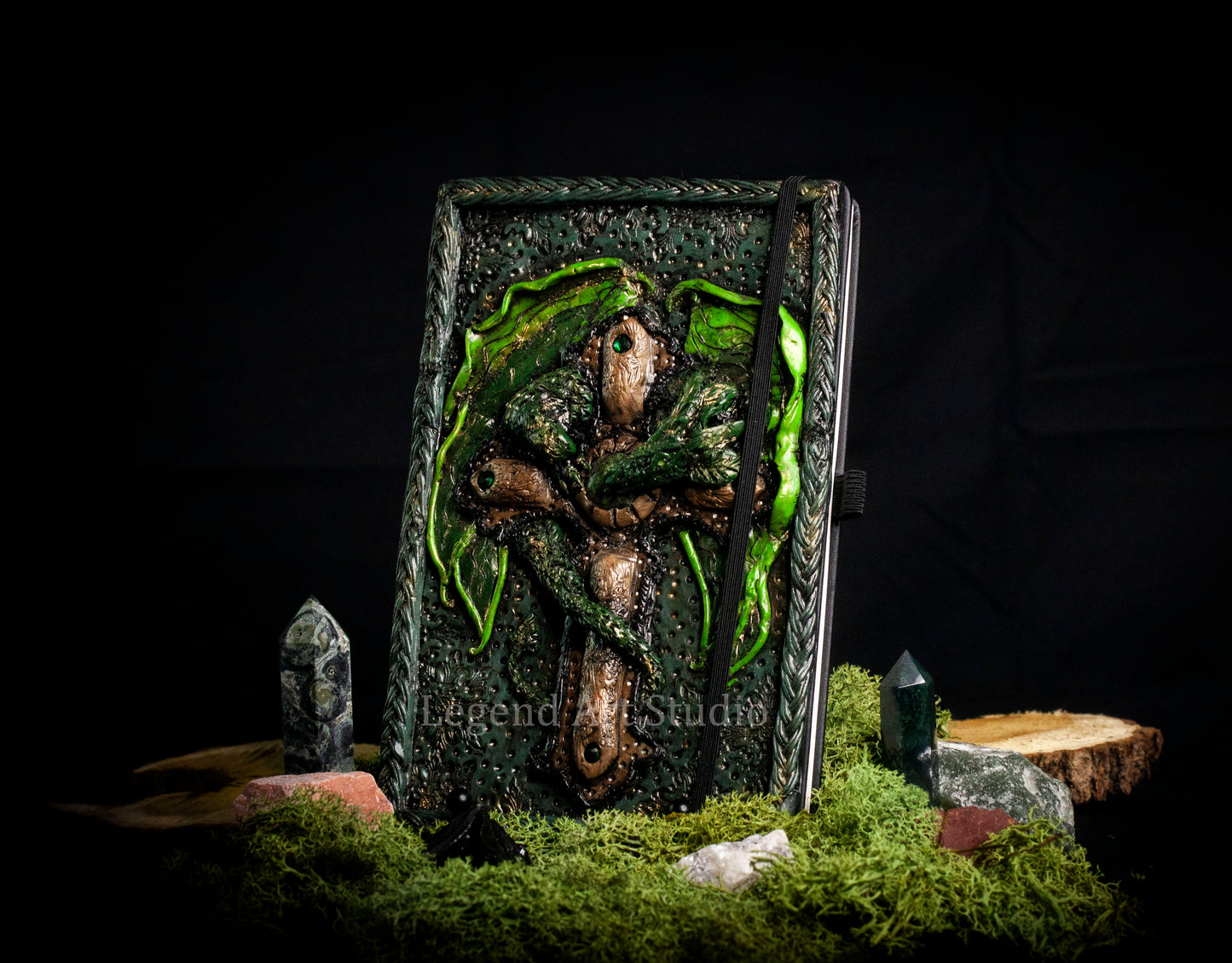 Dragon Wrapped Cross Journal – Handmade Polymer Clay Fantasy Notebook | Dark Gothic Spellbook | OOAK Lore Journal