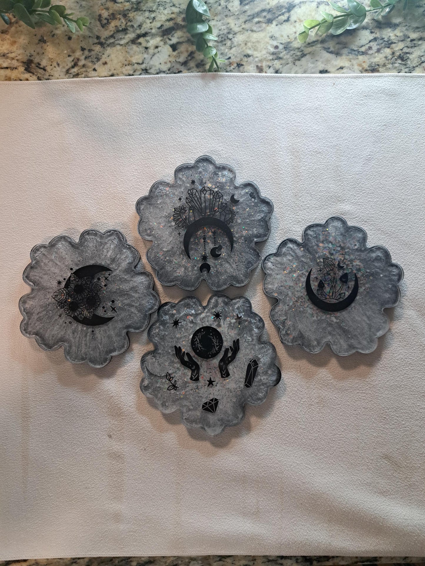 Metaphysical Resin Coaster Set of 4 – Moon & Crystal Designs | Mystical Celestial Drink Coasters | Witchy Home Altar Decor