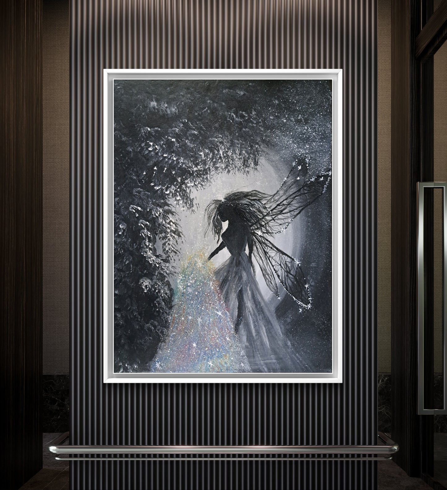 Whispers of Stardust - Original Acrylic Painting on Canvas | Fantasy Fairy Art | Black and White | Glitter Stardust | Ethereal Woodland