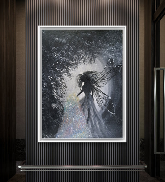 Whispers of Stardust - Original Acrylic Painting on Canvas | Fantasy Fairy Art | Black and White | Glitter Stardust | Ethereal Woodland