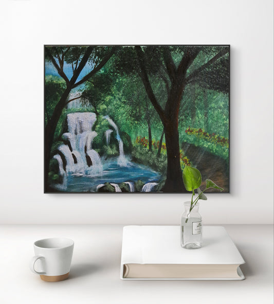 The Silent Cascade – 11x14 Original Forest Waterfall Painting | Mystical Woodland Acrylic Landscape Wall Art