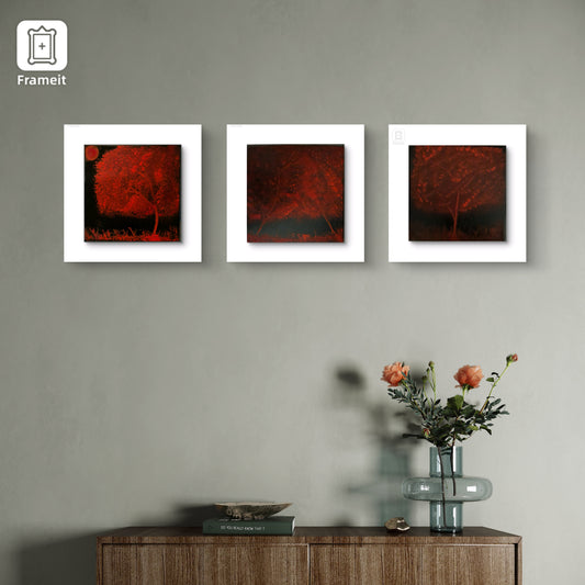 Scarlet Reverie – Set of 3 Original 8x8 Red Forest Paintings | Gothic Nightscape Acrylic Triptych | Blood Moon Woodland Art