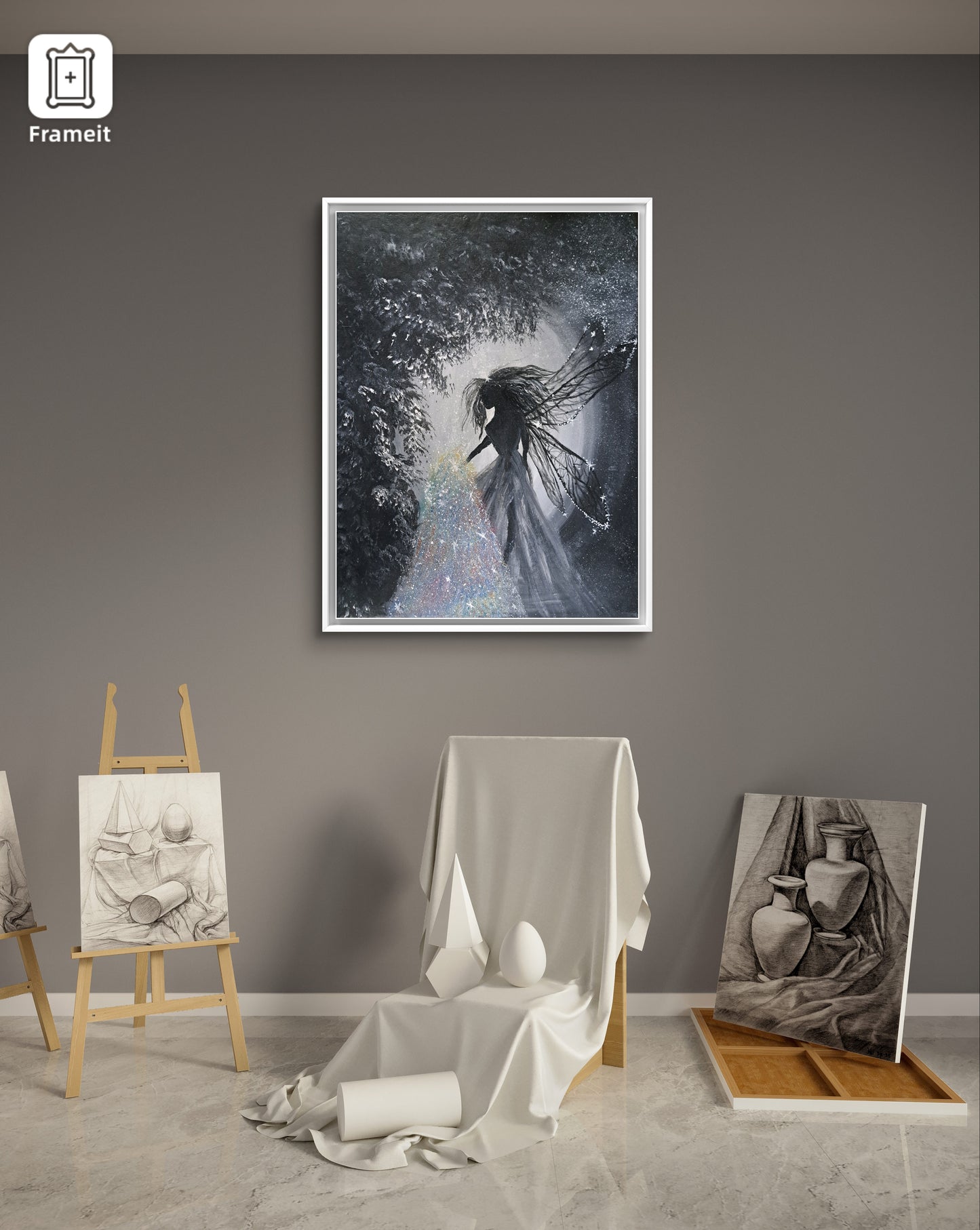 Whispers of Stardust - Original Acrylic Painting on Canvas | Fantasy Fairy Art | Black and White | Glitter Stardust | Ethereal Woodland