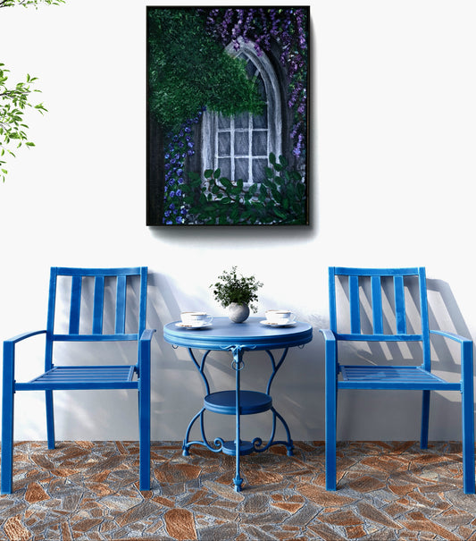 Cottage Keep – Original Gothic Window Painting | 12"x9" Acrylic Fantasy Artwork | Wisteria Wall Decor | Lorewoven Art