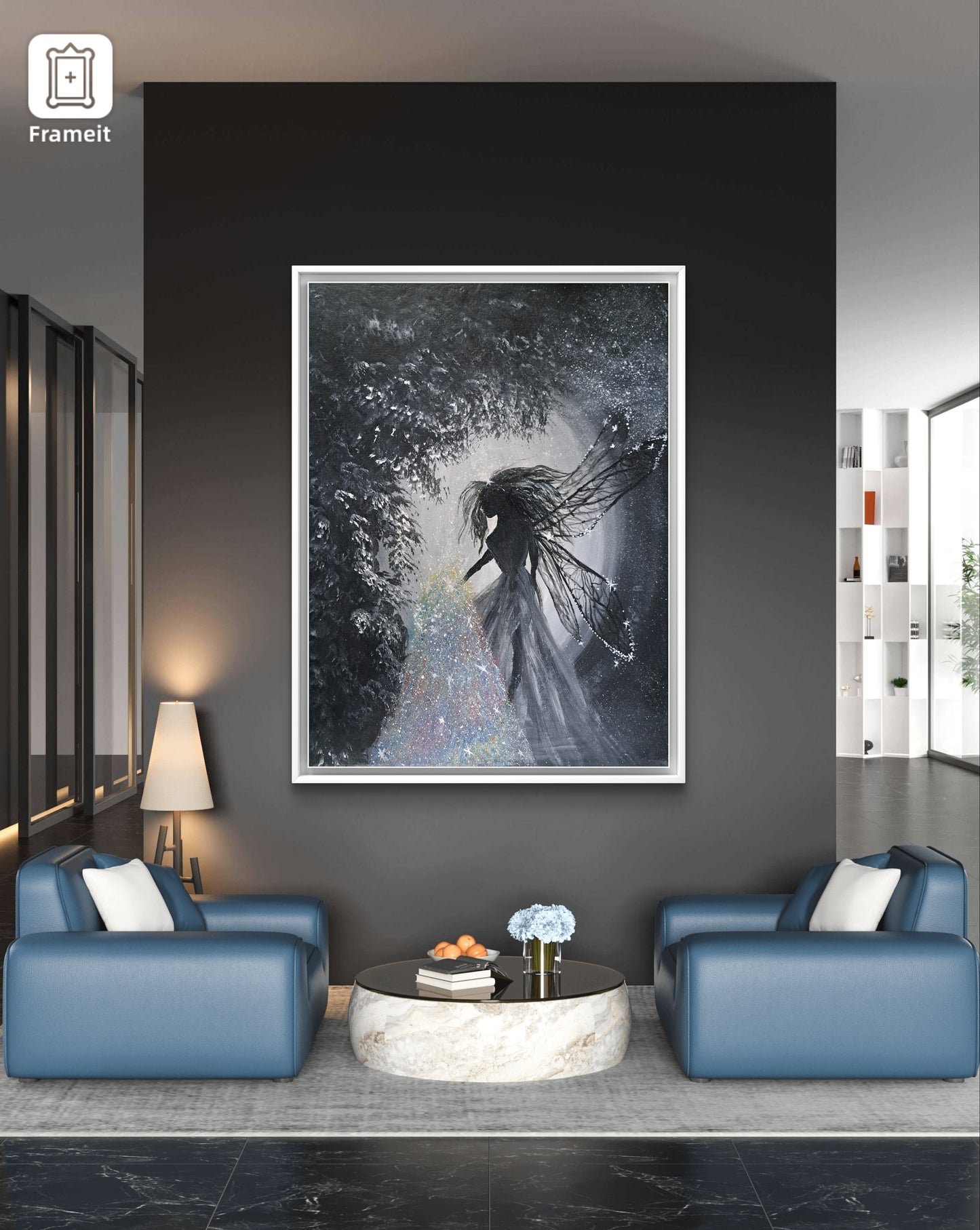 Whispers of Stardust - Original Acrylic Painting on Canvas | Fantasy Fairy Art | Black and White | Glitter Stardust | Ethereal Woodland
