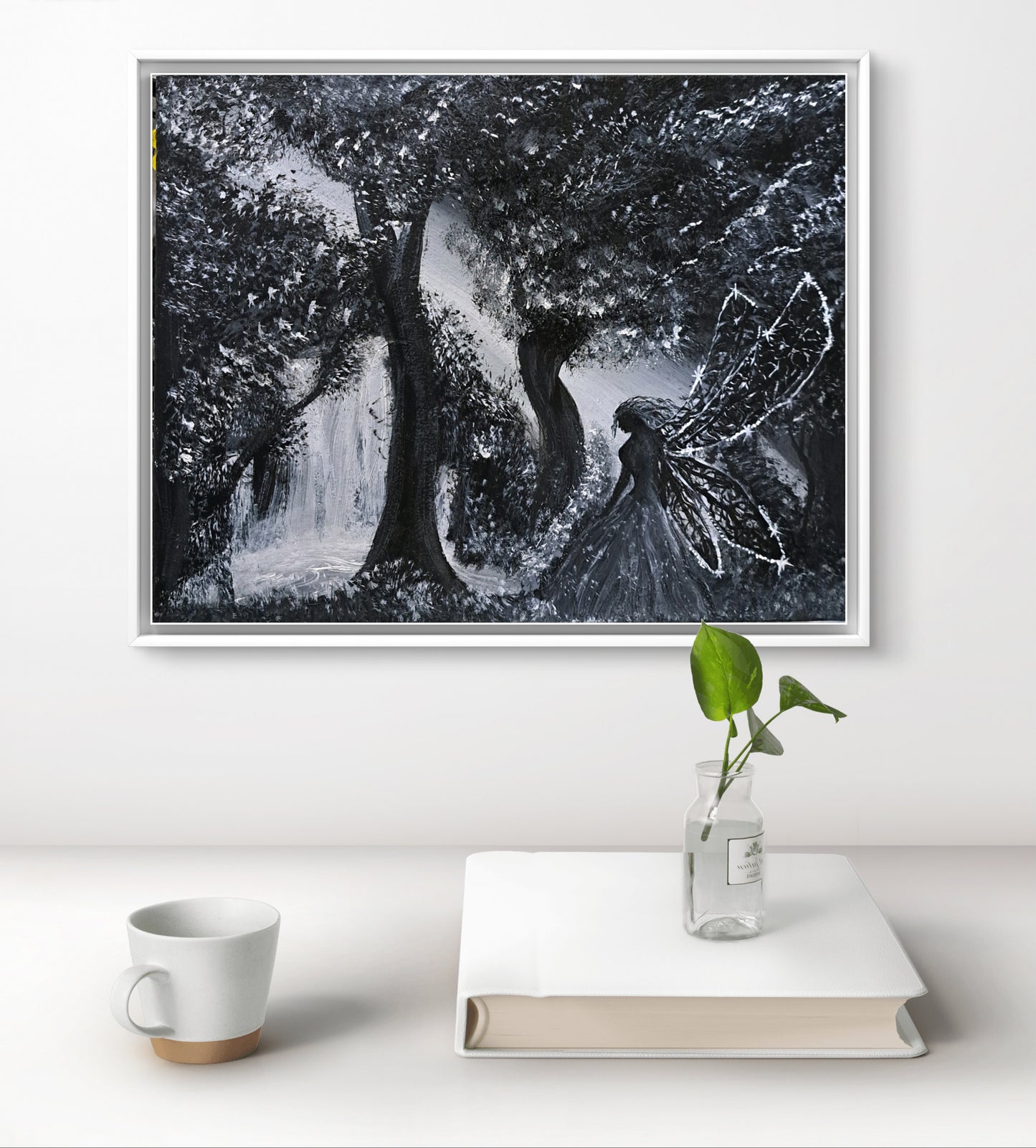 Echoes of the Hollow Wood – 11x14 Original Monochrome Forest Fairy Painting | Mystical Acrylic Woodland Wall Art