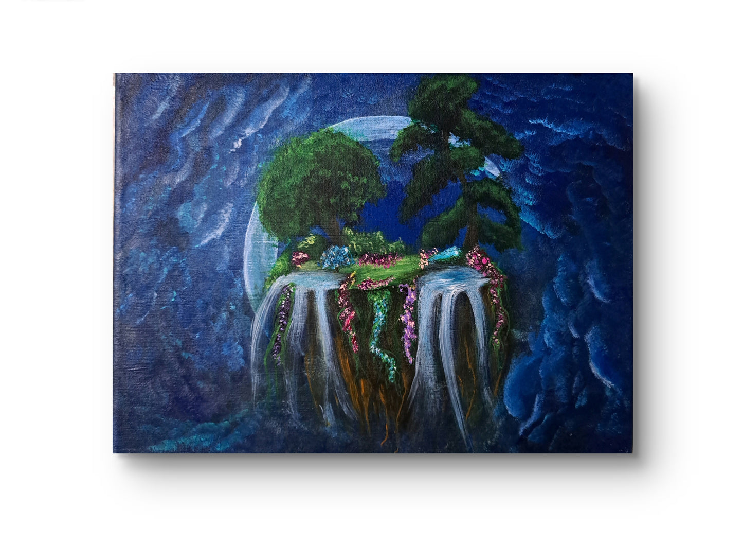 Moonlit Bloom - Original Acrylic Painting – 12" x 9" | A Hand-painted Portal | Floating Island veiled in Moonlight | Lorewoven Art