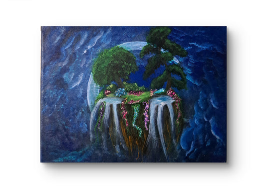 Moonlit Bloom - Original Acrylic Painting – 12" x 9" | A Hand-painted Portal | Floating Island veiled in Moonlight | Lorewoven Art