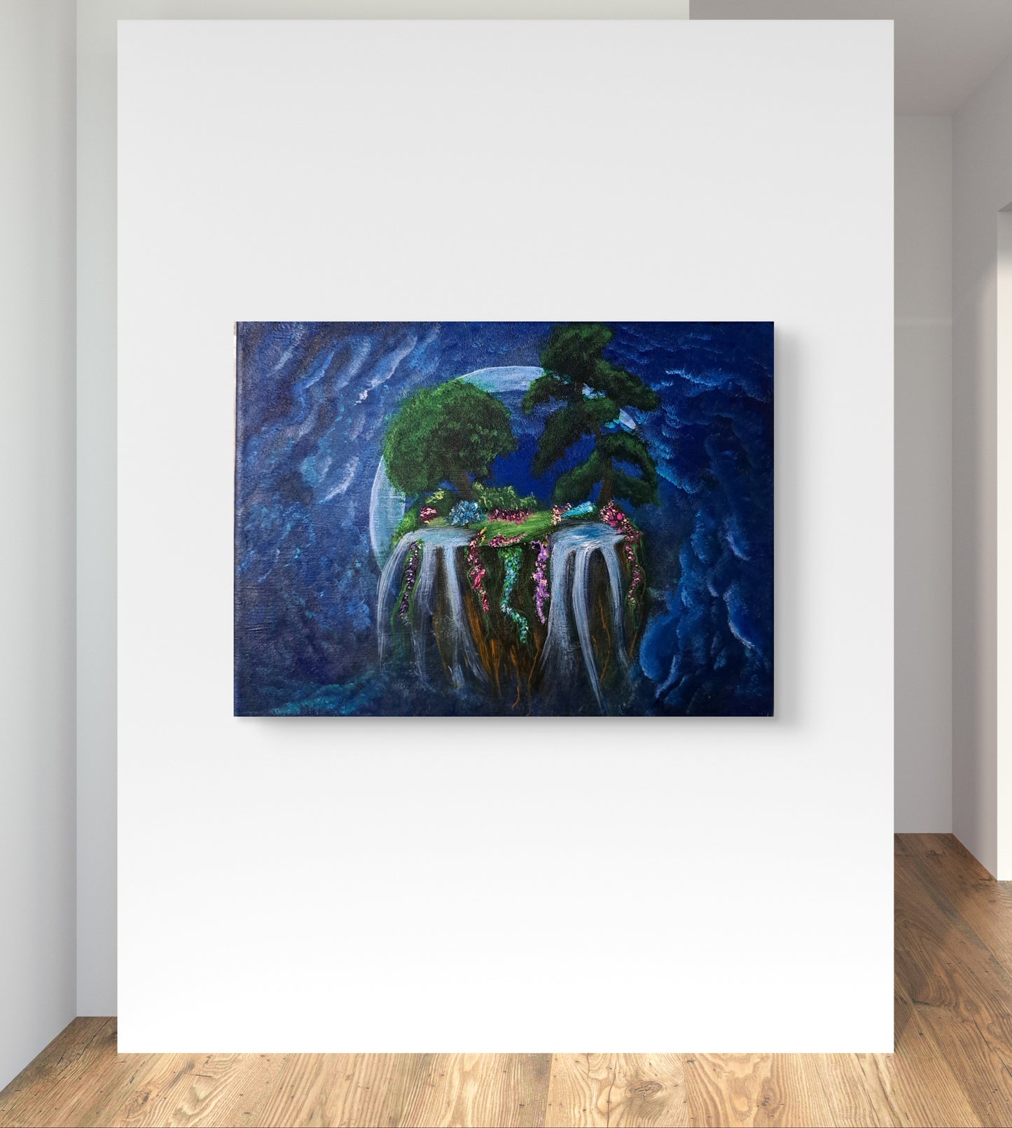 Moonlit Bloom - Original Acrylic Painting – 12" x 9" | A Hand-painted Portal | Floating Island veiled in Moonlight | Lorewoven Art