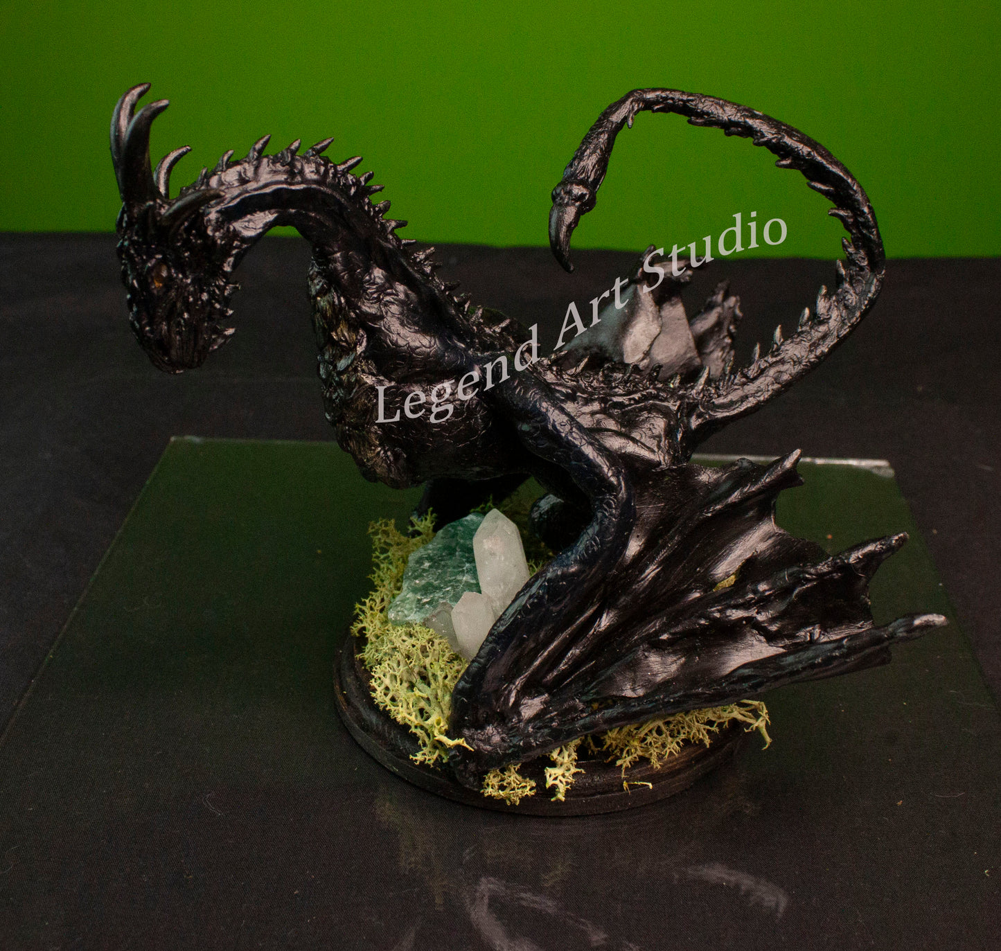 Nyxthorn – Obsidian Hollow Moon Dragon | Handsculpted Fantasy Sculpture with Quartz & Green Calcite