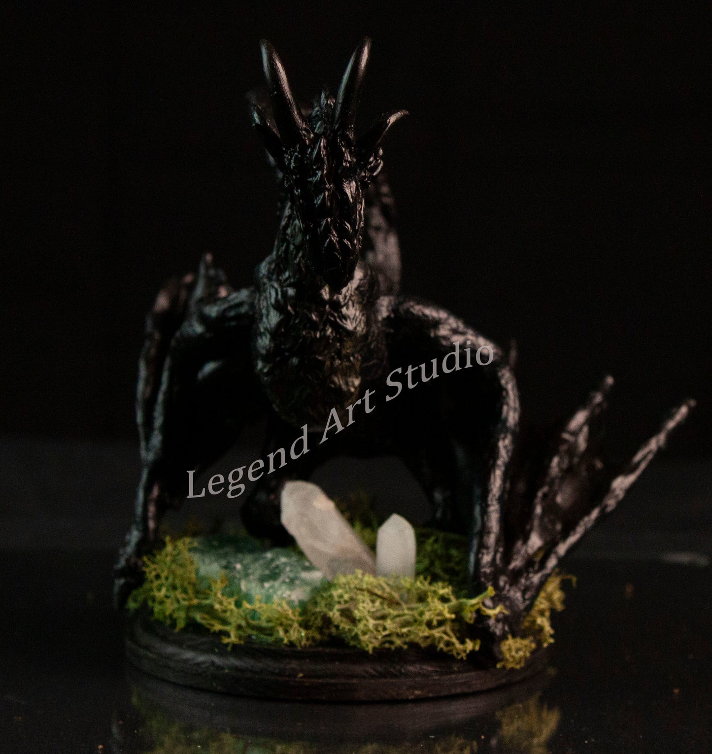 Nyxthorn – Obsidian Hollow Moon Dragon | Handsculpted Fantasy Sculpture with Quartz & Green Calcite