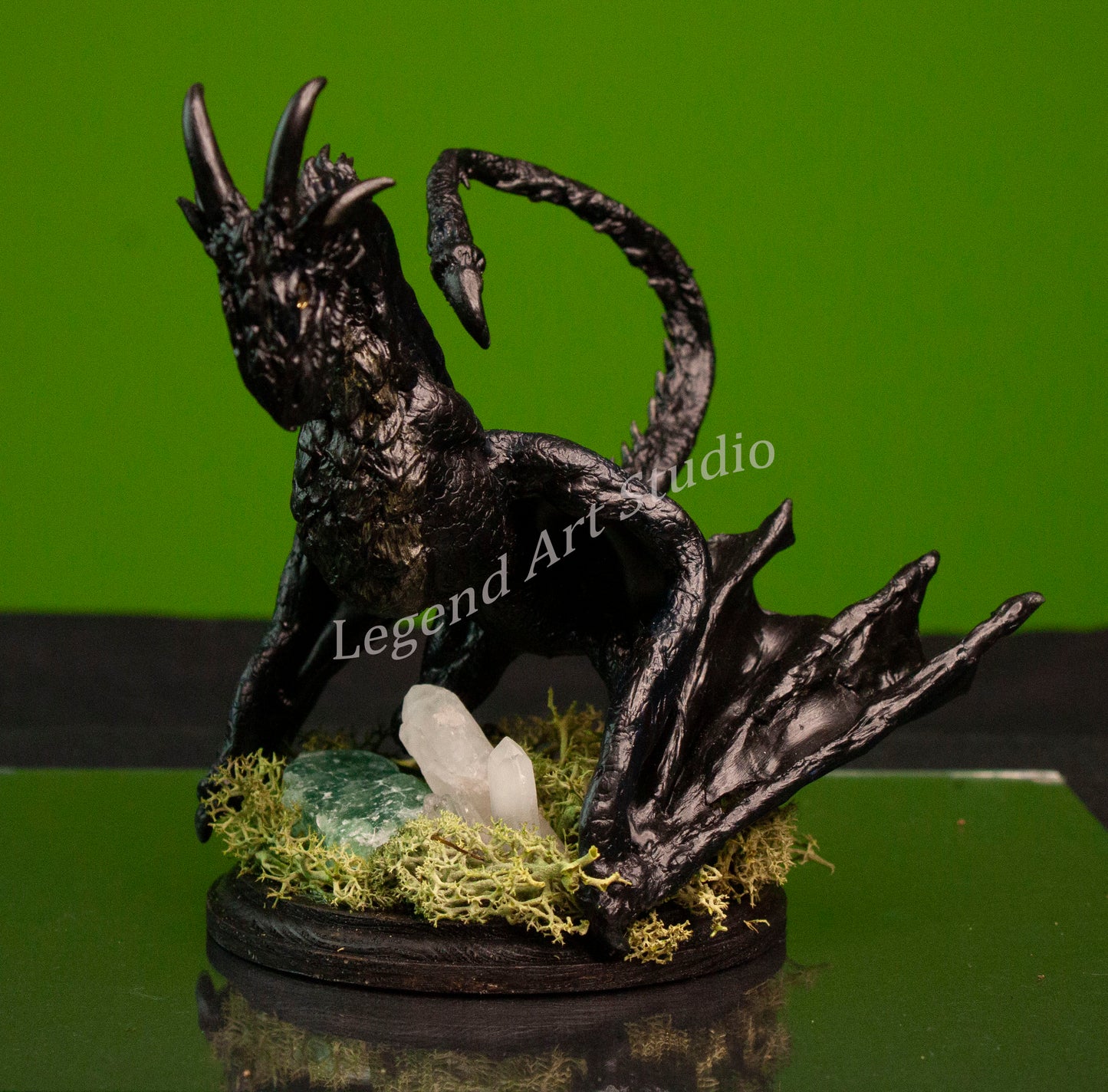 Nyxthorn – Obsidian Hollow Moon Dragon | Handsculpted Fantasy Sculpture with Quartz & Green Calcite