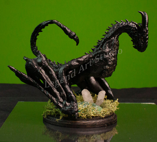 Nyxthorn – Obsidian Hollow Moon Dragon | Handsculpted Fantasy Sculpture with Quartz & Green Calcite