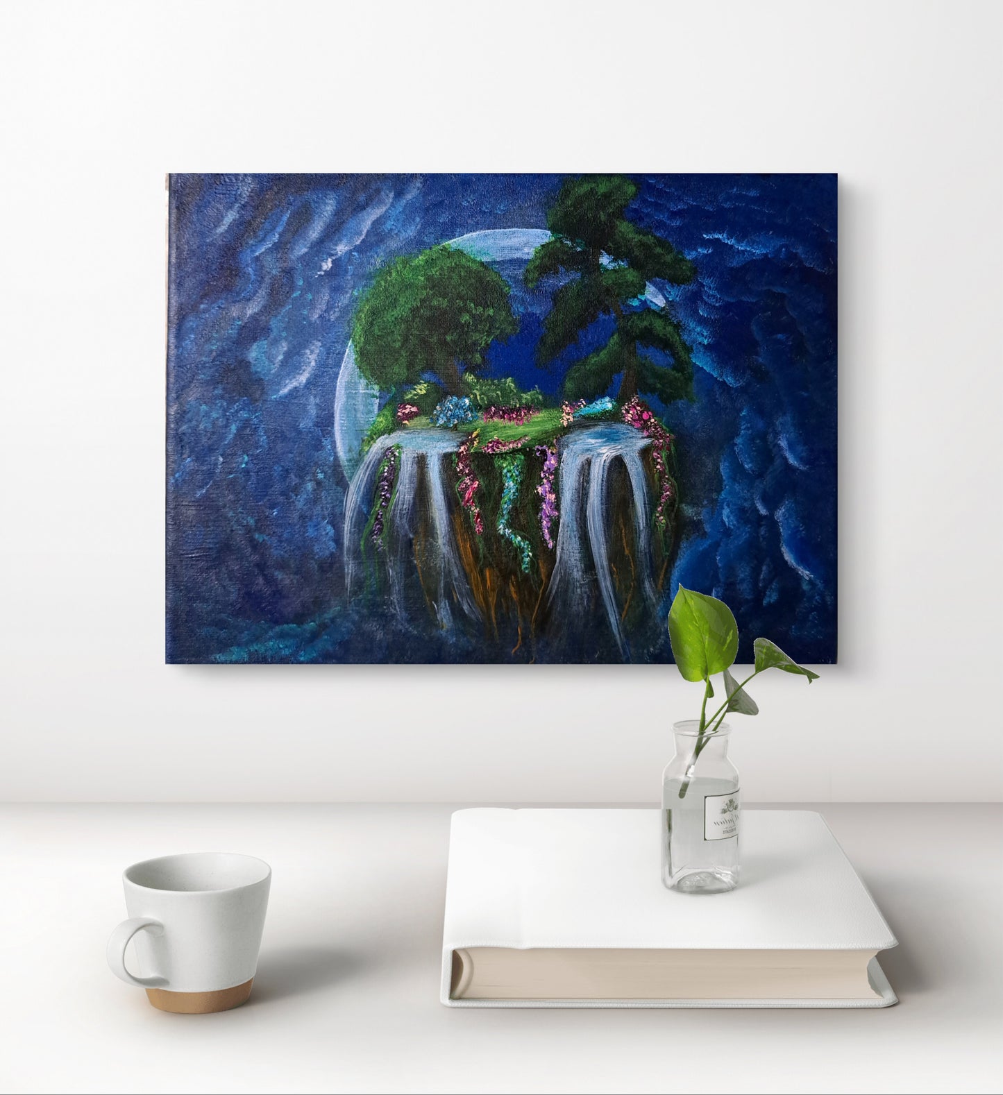 Moonlit Bloom - Original Acrylic Painting – 12" x 9" | A Hand-painted Portal | Floating Island veiled in Moonlight | Lorewoven Art