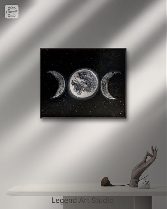 Eclipse of the Maiden, Mother, Crone – Original Acrylic Painting on Canvas | Triple Moon Wall Art | Cosmic Feminine Decor | 16x20"