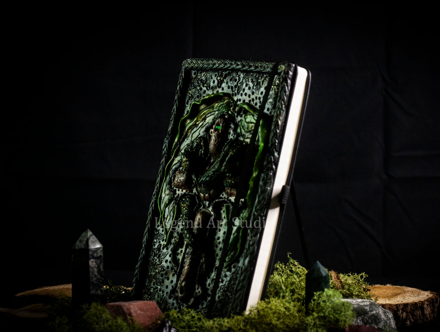 Dragon Wrapped Cross Journal – Handmade Polymer Clay Fantasy Notebook | Dark Gothic Spellbook | OOAK Lore Journal