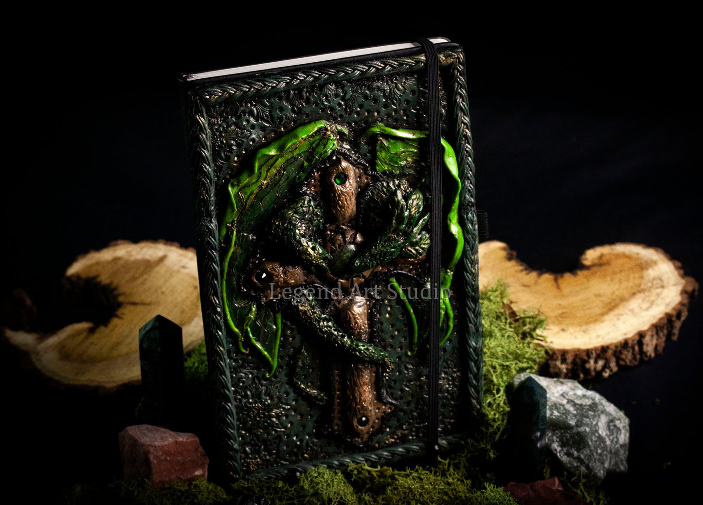 Dragon Wrapped Cross Journal – Handmade Polymer Clay Fantasy Notebook | Dark Gothic Spellbook | OOAK Lore Journal