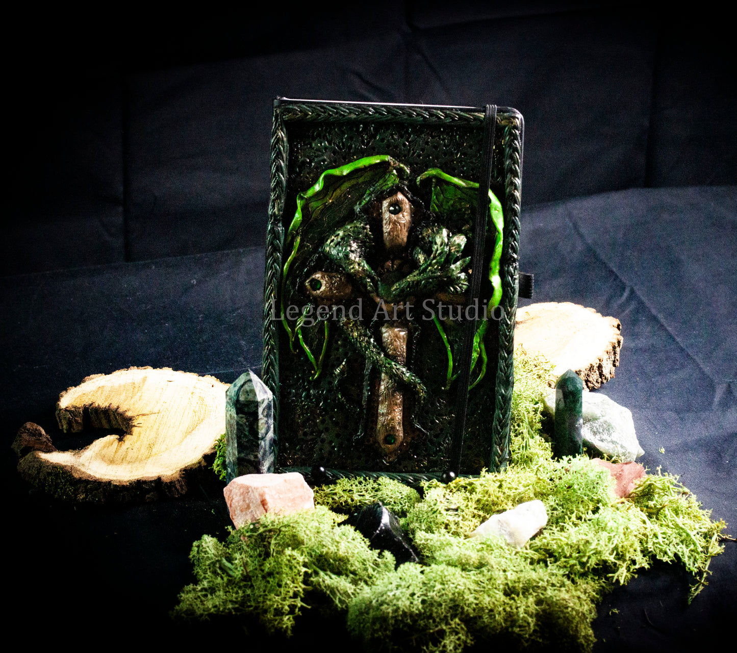 Dragon Wrapped Cross Journal – Handmade Polymer Clay Fantasy Notebook | Dark Gothic Spellbook | OOAK Lore Journal