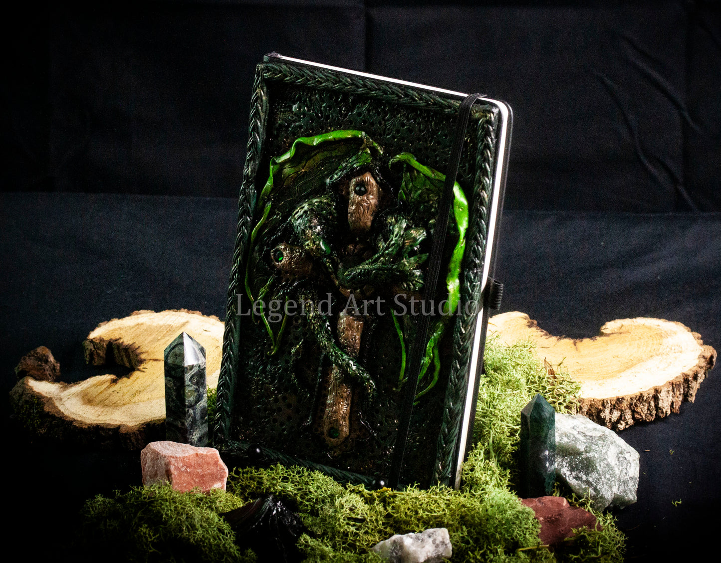 Dragon Wrapped Cross Journal – Handmade Polymer Clay Fantasy Notebook | Dark Gothic Spellbook | OOAK Lore Journal