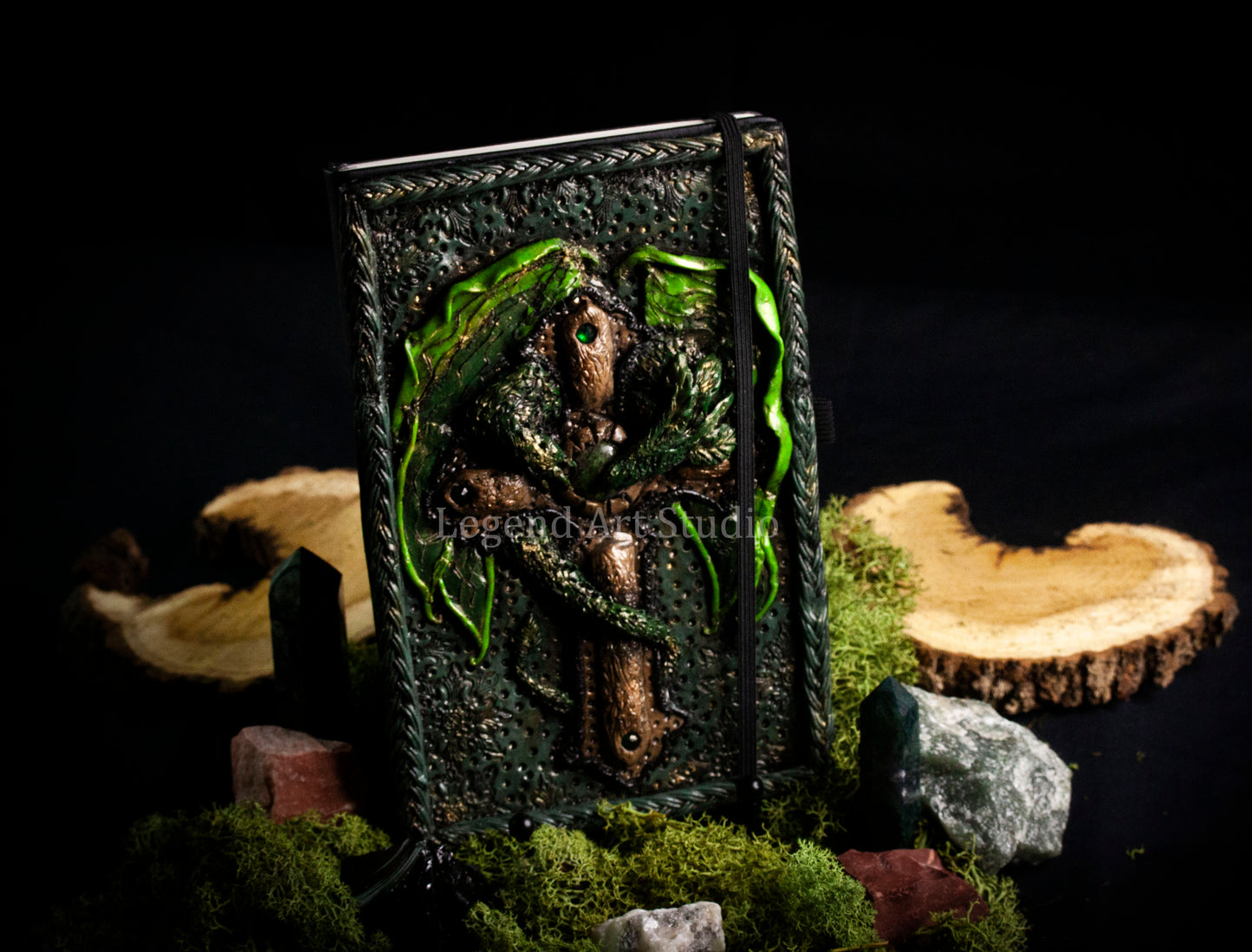 Dragon Wrapped Cross Journal – Handmade Polymer Clay Fantasy Notebook | Dark Gothic Spellbook | OOAK Lore Journal