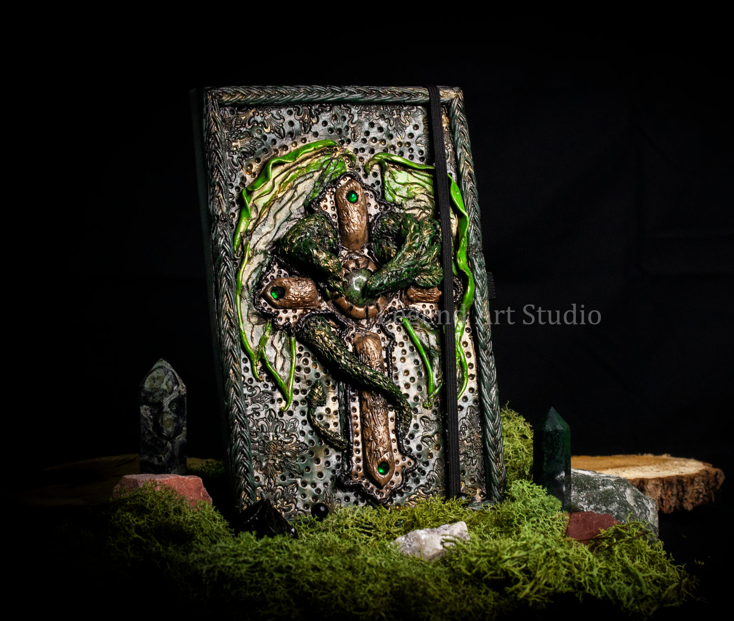 Dragon Wrapped Cross Journal – Handmade Polymer Clay Fantasy Notebook | Dark Gothic Spellbook | OOAK Lore Journal