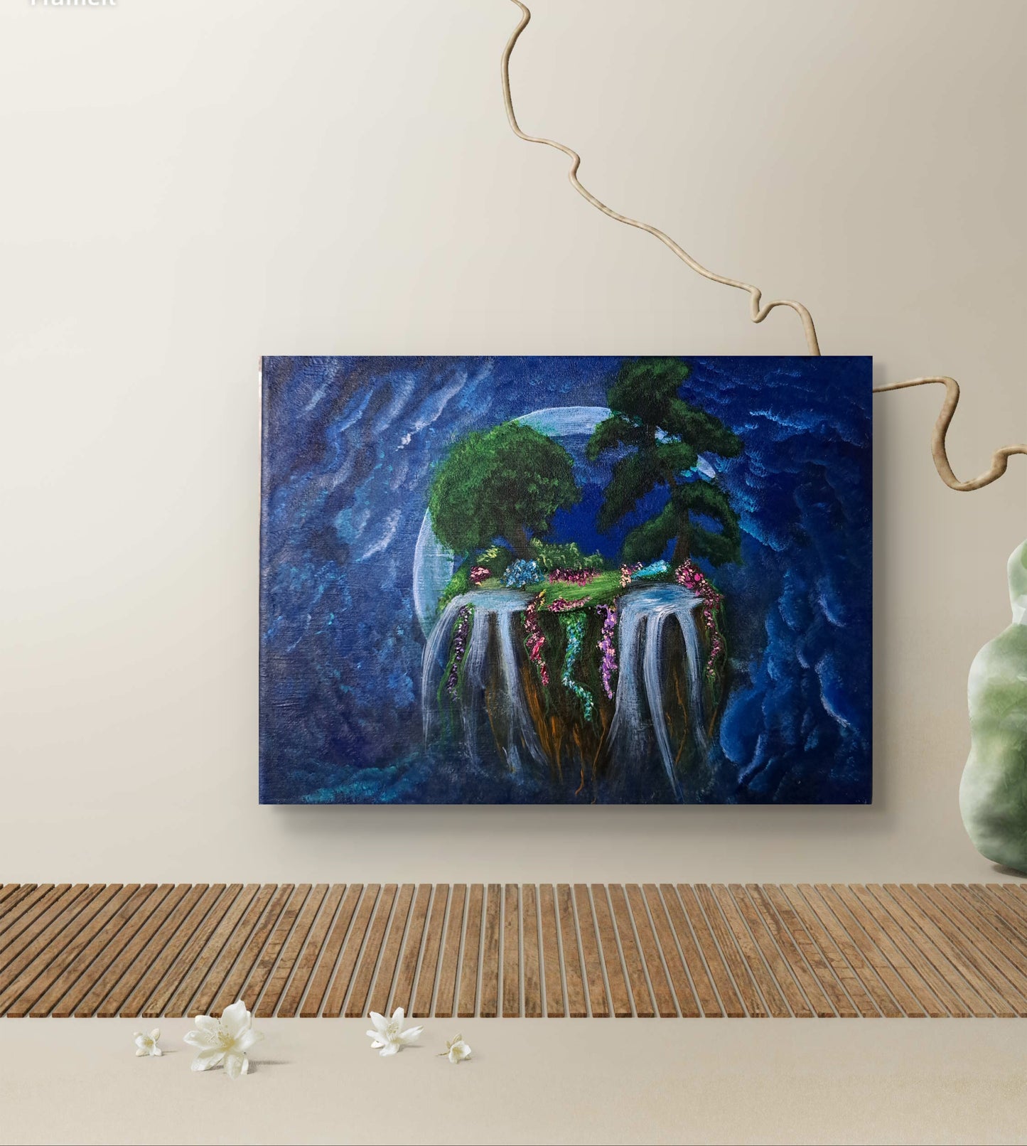 Moonlit Bloom - Original Acrylic Painting – 12" x 9" | A Hand-painted Portal | Floating Island veiled in Moonlight | Lorewoven Art