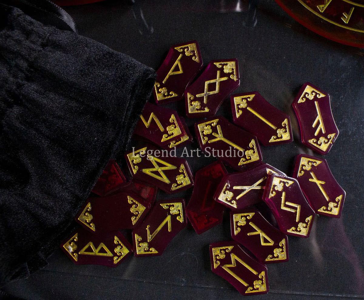 Elder Futhark Rune Divination Set, Full Ritual Bundle, Resin Runes, Divination Board, Velvet Pouch, Lorewoven Art