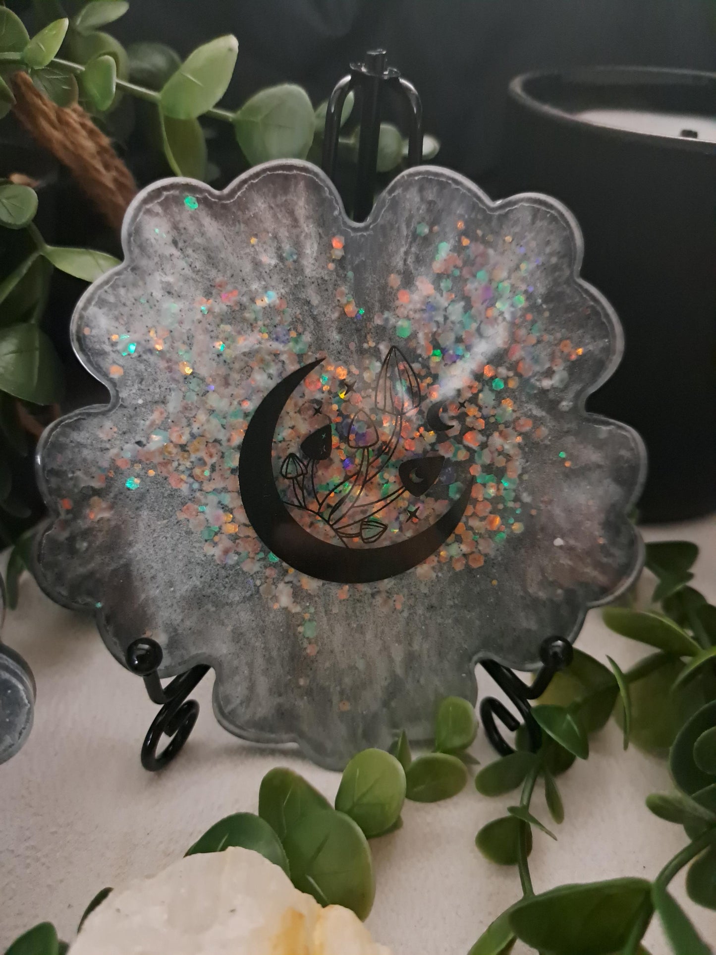Metaphysical Resin Coaster Set of 4 – Moon & Crystal Designs | Mystical Celestial Drink Coasters | Witchy Home Altar Decor