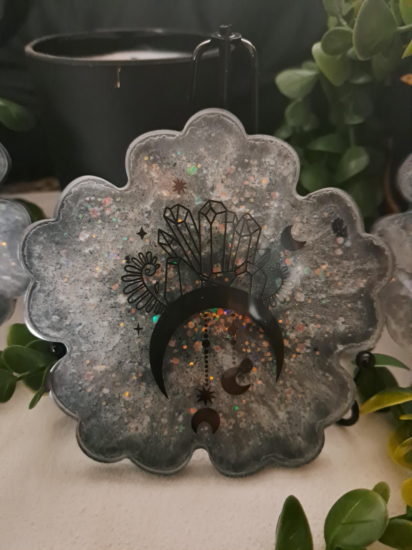 Metaphysical Resin Coaster Set of 4 – Moon & Crystal Designs | Mystical Celestial Drink Coasters | Witchy Home Altar Decor