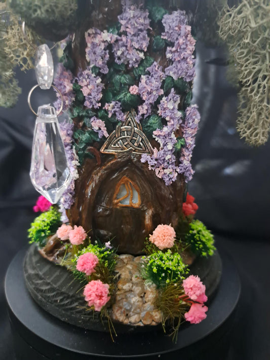 Enchanted Fairy Tree House – Handcrafted Polymer Clay Fantasy Sculpture with Crystals & Florals (9" x 8")