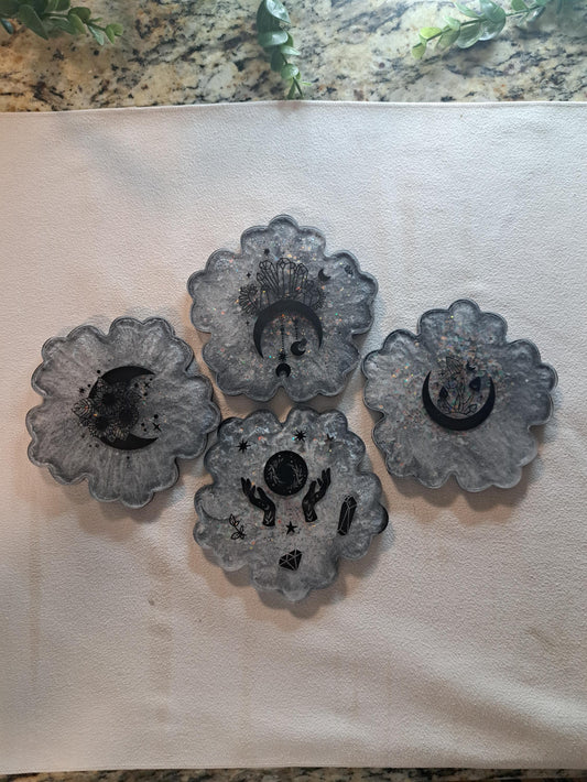 Metaphysical Resin Coaster Set of 4 – Moon & Crystal Designs | Mystical Celestial Drink Coasters | Witchy Home Altar Decor
