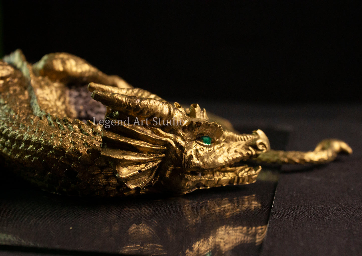 Shadowflame Sentinel – Intricate Black Resin Dragon Sculpture | Red Wings & Gold Highlights | One of a Kind Fantasy Decor
