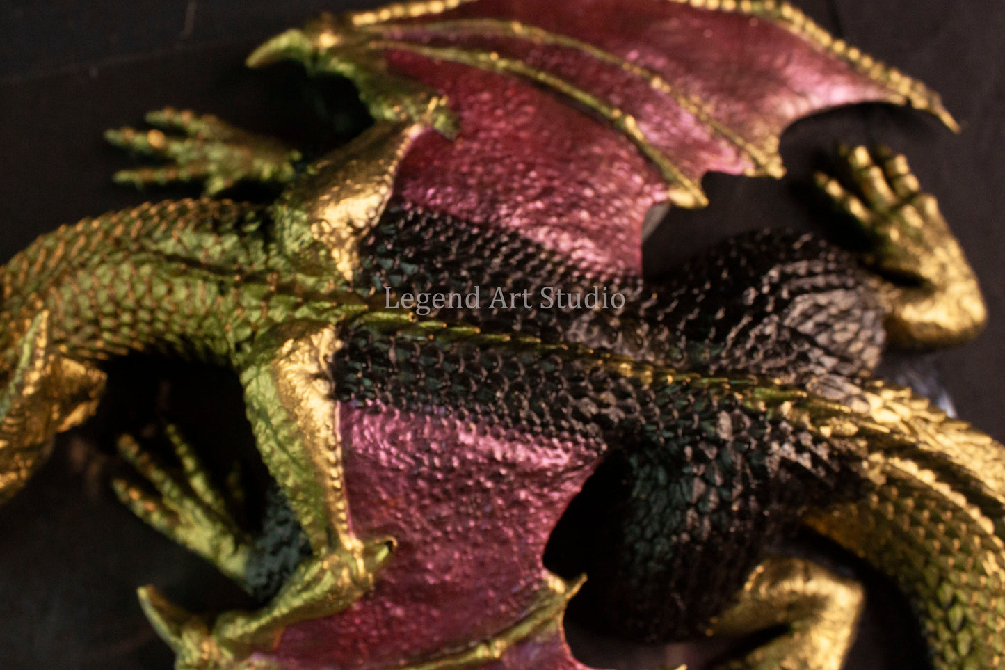 Shadowflame Sentinel – Intricate Black Resin Dragon Sculpture | Red Wings & Gold Highlights | One of a Kind Fantasy Decor