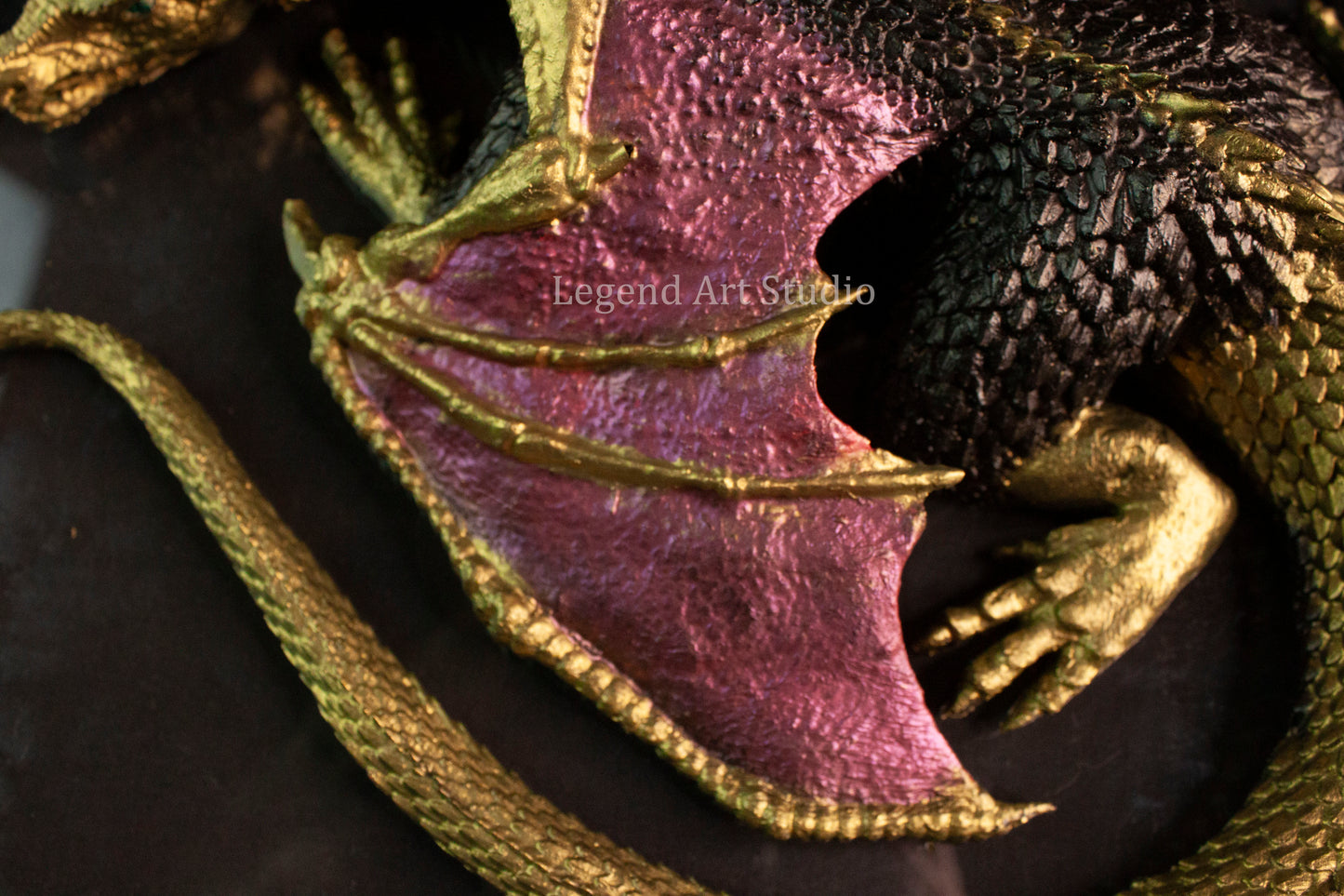 Shadowflame Sentinel – Intricate Black Resin Dragon Sculpture | Red Wings & Gold Highlights | One of a Kind Fantasy Decor