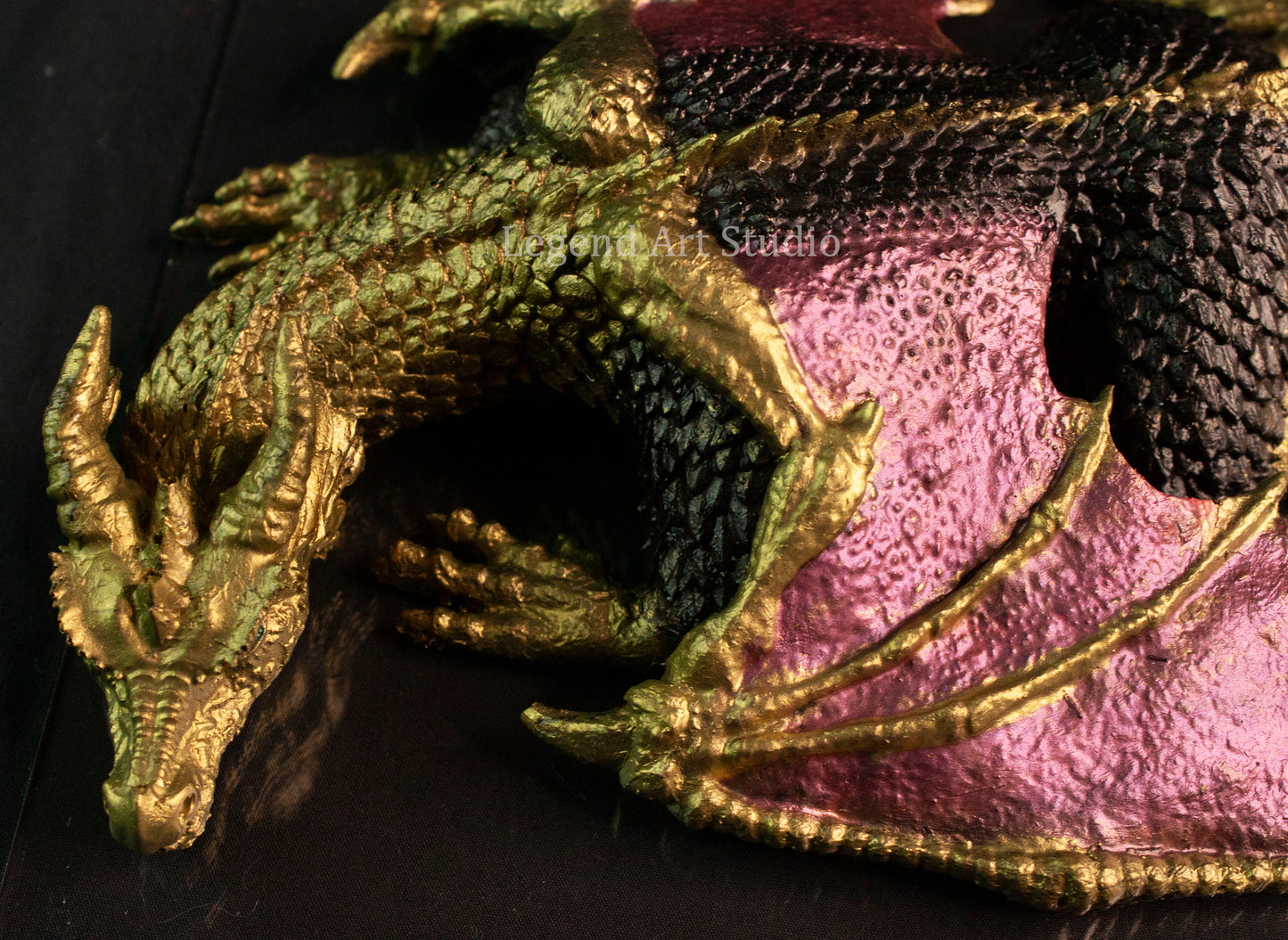 Shadowflame Sentinel – Intricate Black Resin Dragon Sculpture | Red Wings & Gold Highlights | One of a Kind Fantasy Decor