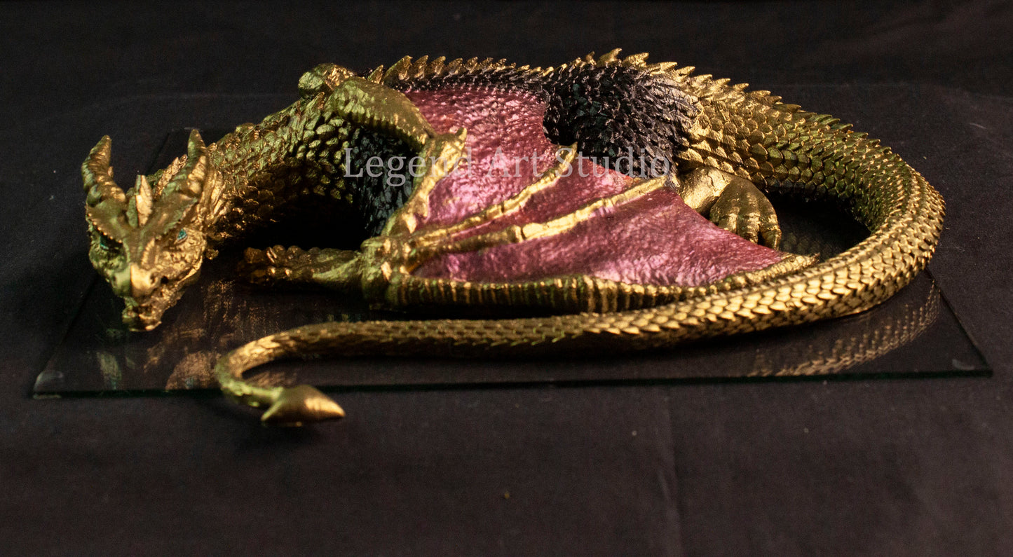 Shadowflame Sentinel – Intricate Black Resin Dragon Sculpture | Red Wings & Gold Highlights | One of a Kind Fantasy Decor