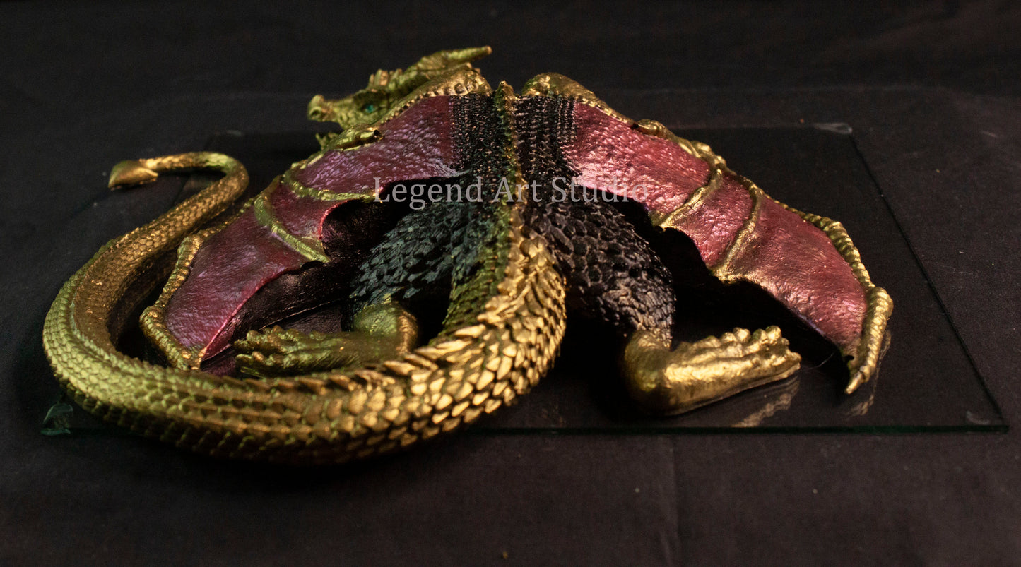 Shadowflame Sentinel – Intricate Black Resin Dragon Sculpture | Red Wings & Gold Highlights | One of a Kind Fantasy Decor