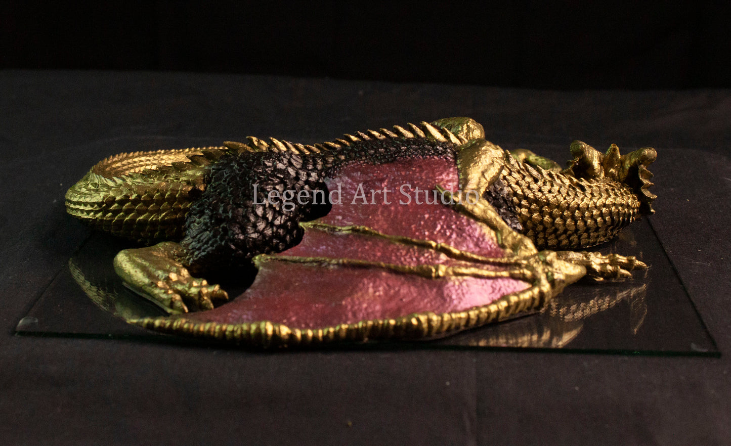 Shadowflame Sentinel – Intricate Black Resin Dragon Sculpture | Red Wings & Gold Highlights | One of a Kind Fantasy Decor
