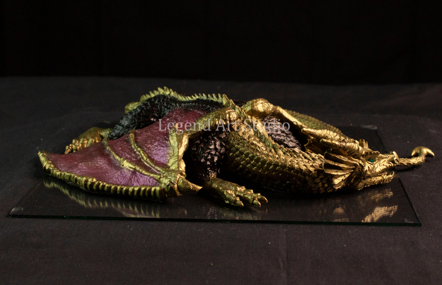 Shadowflame Sentinel – Intricate Black Resin Dragon Sculpture | Red Wings & Gold Highlights | One of a Kind Fantasy Decor