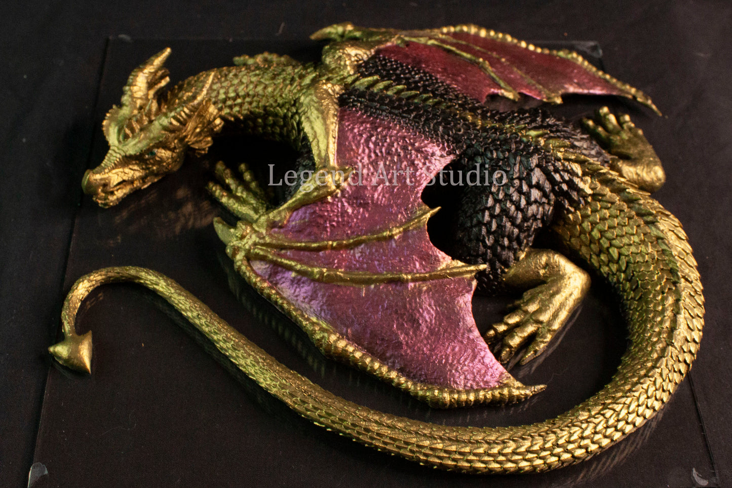 Shadowflame Sentinel – Intricate Black Resin Dragon Sculpture | Red Wings & Gold Highlights | One of a Kind Fantasy Decor