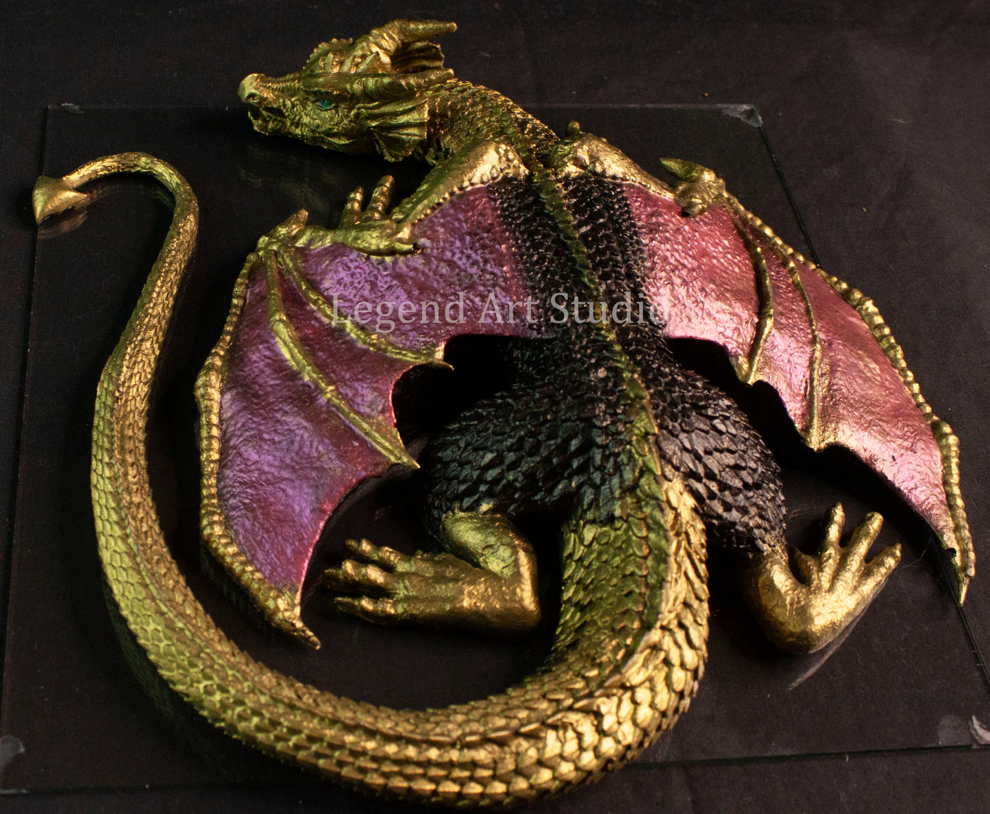 Shadowflame Sentinel – Intricate Black Resin Dragon Sculpture | Red Wings & Gold Highlights | One of a Kind Fantasy Decor