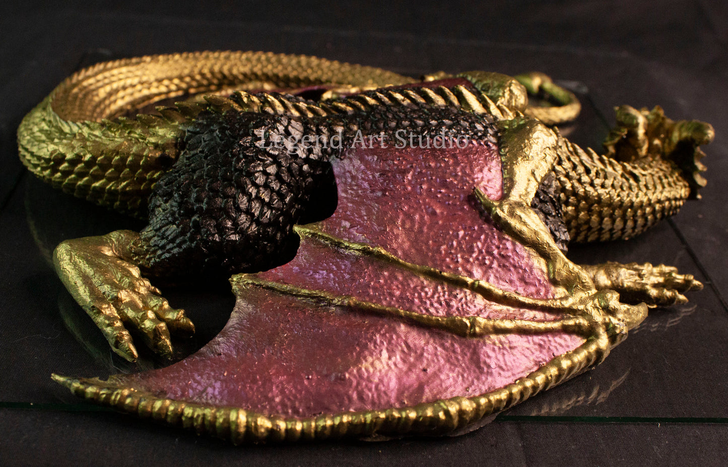 Shadowflame Sentinel – Intricate Black Resin Dragon Sculpture | Red Wings & Gold Highlights | One of a Kind Fantasy Decor
