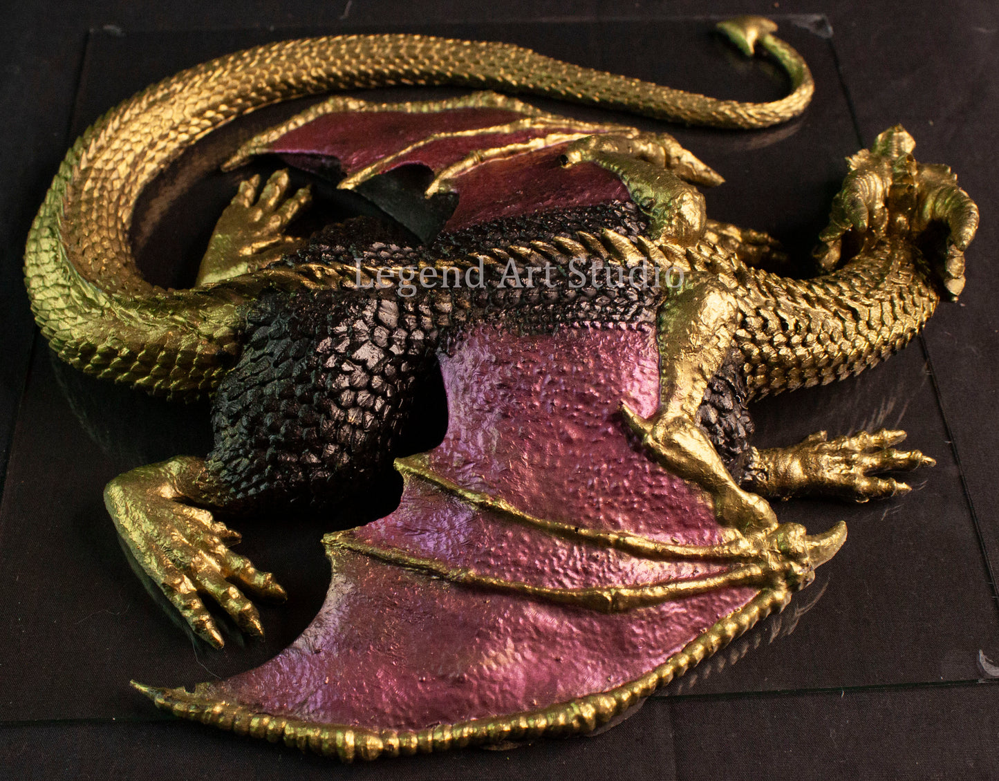 Shadowflame Sentinel – Intricate Black Resin Dragon Sculpture | Red Wings & Gold Highlights | One of a Kind Fantasy Decor