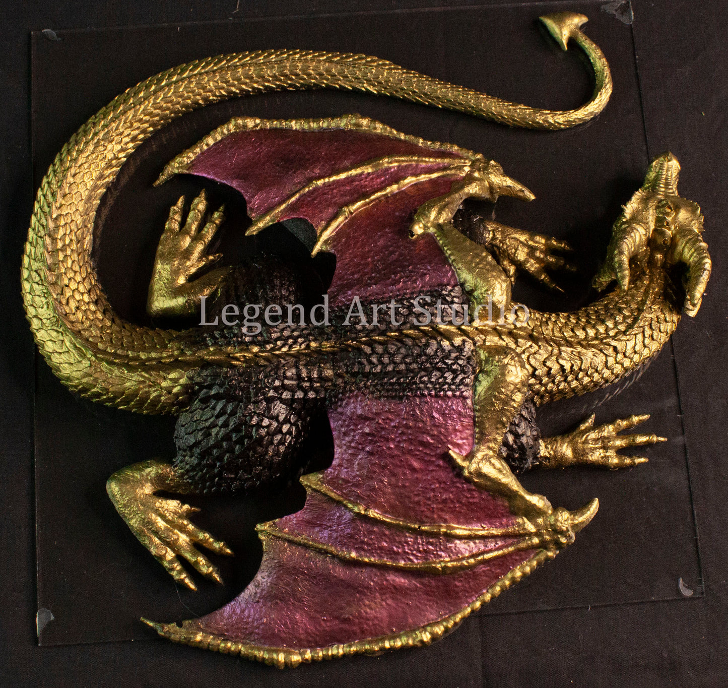 Shadowflame Sentinel – Intricate Black Resin Dragon Sculpture | Red Wings & Gold Highlights | One of a Kind Fantasy Decor