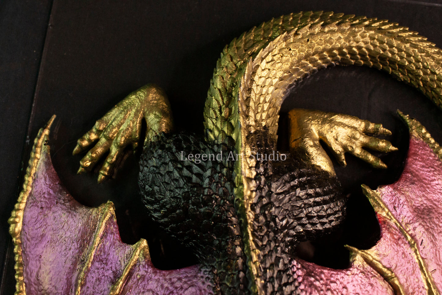 Shadowflame Sentinel – Intricate Black Resin Dragon Sculpture | Red Wings & Gold Highlights | One of a Kind Fantasy Decor